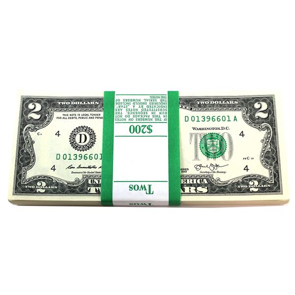 USA 2013 $2 Bundle of 100 Notes w/ Strap
