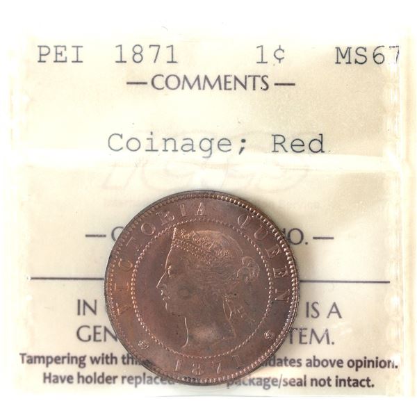 Prince Edward Island 1-cent 1871 Coinage ICCS MS67 Red. Tied for highest known! Superior eye appeal!