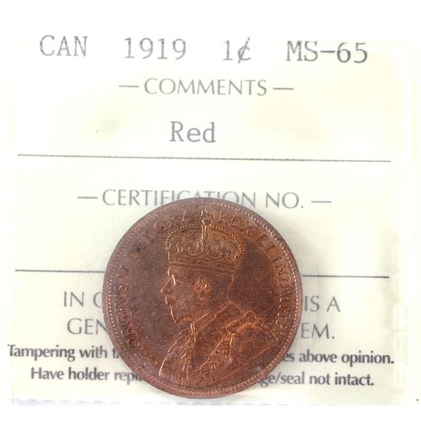 1-cent 1919 ICCS MS65 Red