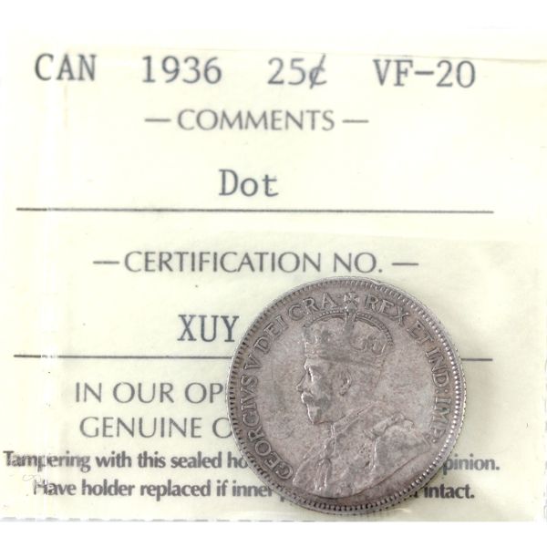 25-cent 1936 Dot ICCS VF20