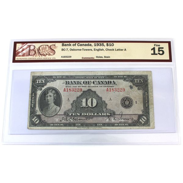 BC-7 1935 $10 English BCS F15 Osborne-Towers Check Letter A SN: A183229