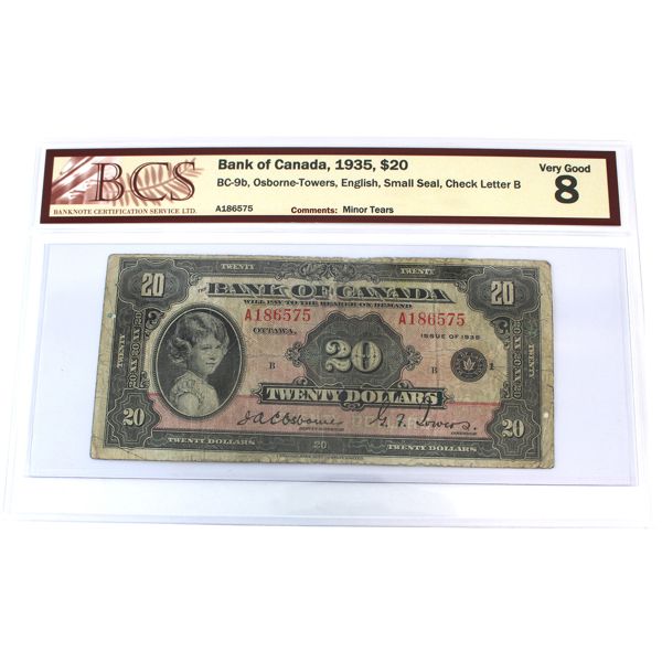 BC-9b 1935 $20 English BCS VG8 Osborne-Towers Small Seal Check Letter B SN: A186575