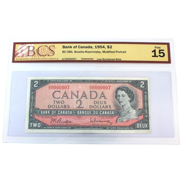 BC-38b-N5-ii 1954 $2 BCS F15 Low Serial # H/U0000007 Beattie-Rasminsky Modified Portrait 