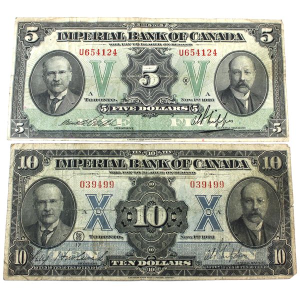 1923 $5 & $10 Imperial Bank Notes. 2pcs.