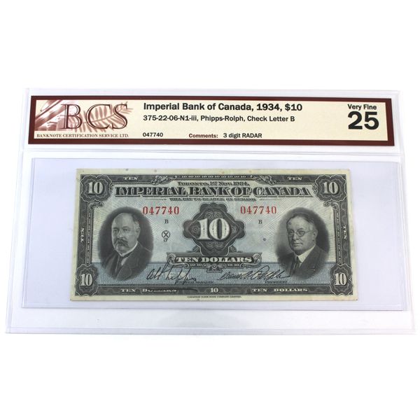 RADAR 375-22-06-N1-iii 1934 $10 Imperial Bank BCS VF25 3 Digit RADAR Phipps-Rolph Check Letter B