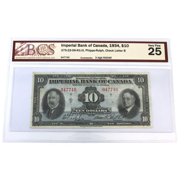 RADAR 375-22-06-N1-iii 1934 $10 Imperial Bank BCS VF25 3 Digit RADAR Phipps-Rolph Check Letter B