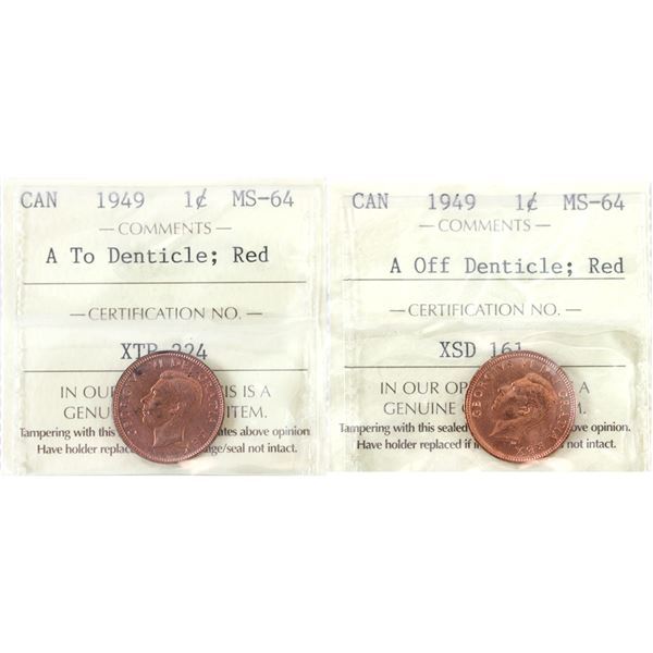 1-cent 1949 A To Denticle & A Off Denticle MS64 Red. 2pcs.