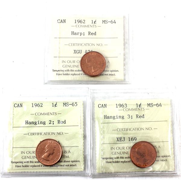 1-cent 1962 Harp MS64, 1962 Hanging 2 MS65, & 1963 Hanging 3 MS64 ICCS Red. 3pcs.