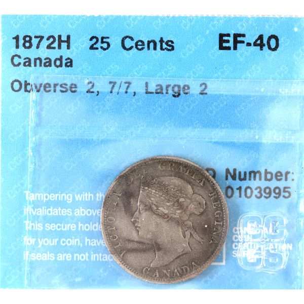 25-cent 1872H Obverse 2 Large 2 7/7 CCCS EF40
