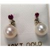 Image 1 : 10K Gold Ruby And Pearl Drop Earrings (~Size 0), Made in Canada, Suggested Retail Value $200