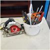 Image 1 : CIRCULAR SAW AND BUCKET OF ASSORTED CLAMPS, FILES, WRENCHES, SAWS ETC