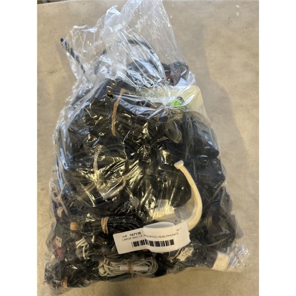 LARGE BAG OF ASSORTED HEAD PHONES, CHARGING CABLES, ETC