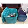 Image 1 : TOTE AND LID W/ GLASS WARE AND FABRIC ORGANIZER BINS