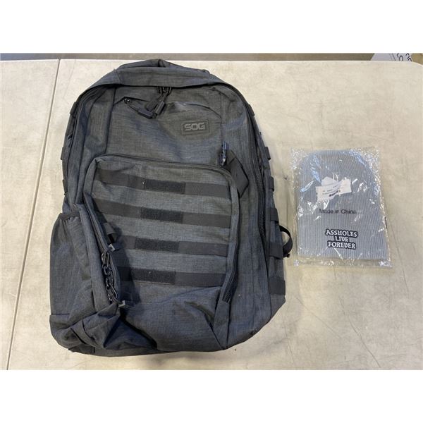 AS NEW SOG BRAND BACKPACK AND TOQUE