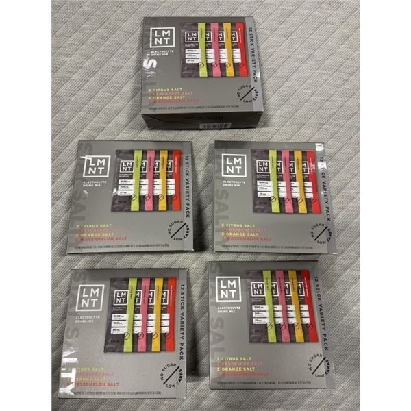 5 NEW LMNT RECHARGE VARIETY 12 PACK ELECTROLYTE DRINK MIX - RETAIL $130, BB 04/202