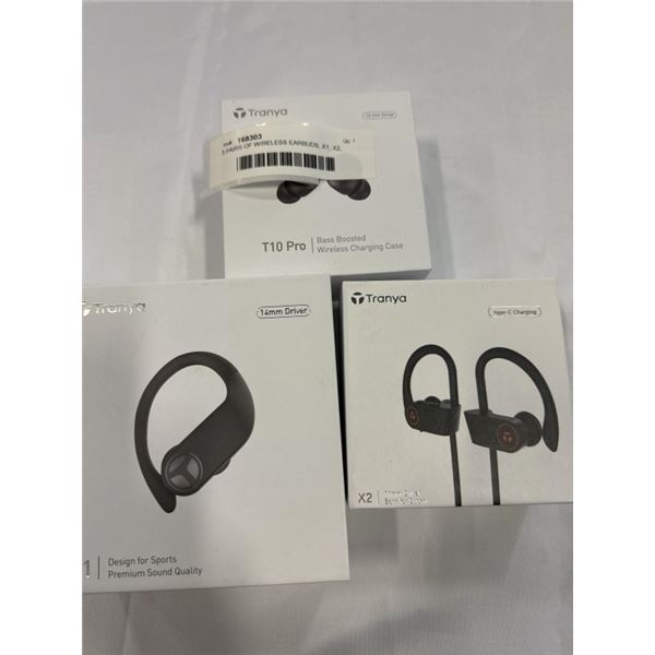 3 PAIRS OF WIRELESS EARBUDS, X1, X2, AND T10 PRO