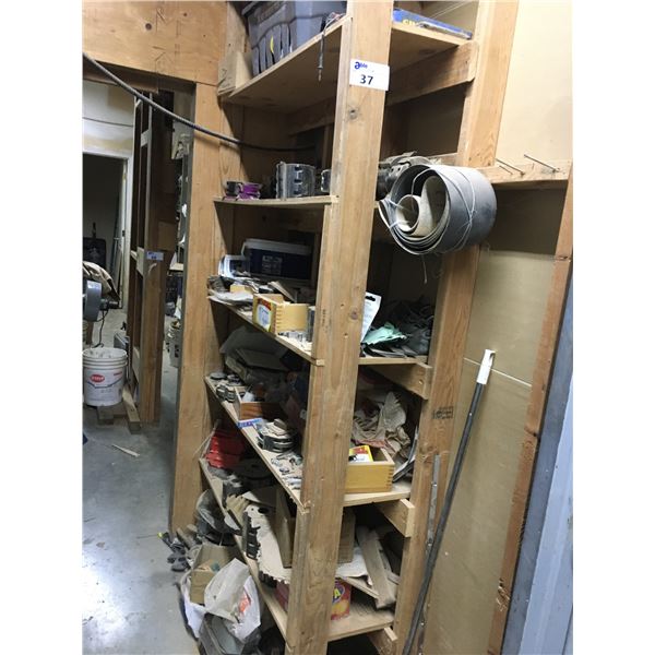 CONTENTS OF LARGE WOODEN SHELF UNIT-ASSORTED CUTTERS, HARDWARE AND MISCELLANEOUS ITEMS