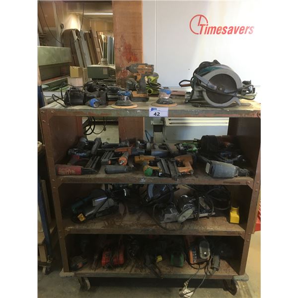 METAL MOBILE SHELF UNIT WITH CONTENTS- (4) SHELVES OF ASSORTED POWER TOOLS