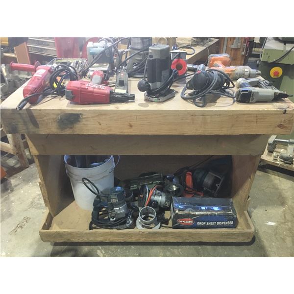 MOBILE WOODEN WORK BENCH (APPROX. 4'W X 2'D X 3'H) & ASSORTED POWER TOOLS