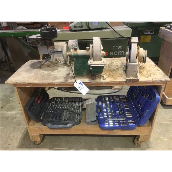 MOBILE WOODEN WORK BENCH (APPROX. 4'W X 1.5'D X 3'H), ASSORTED SOCKET SETS, & 3 GRINDERS