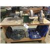 Image 2 : MOBILE WOODEN WORK BENCH (APPROX. 4'W X 1.5'D X 3'H), ASSORTED SOCKET SETS, & 3 GRINDERS