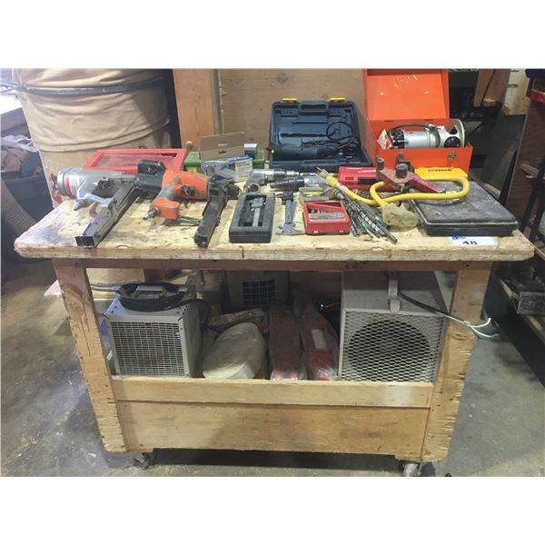 MOBILE WOODEN WORK BENCH (APPROX. 4'W X 2.5'D X 3'H), ASSORTED HAND TOOLS, CALIPERS, DRILL BITS,