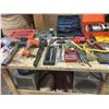 Image 2 : MOBILE WOODEN WORK BENCH (APPROX. 4'W X 2.5'D X 3'H), ASSORTED HAND TOOLS, CALIPERS, DRILL BITS,