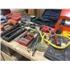 Image 3 : MOBILE WOODEN WORK BENCH (APPROX. 4'W X 2.5'D X 3'H), ASSORTED HAND TOOLS, CALIPERS, DRILL BITS,
