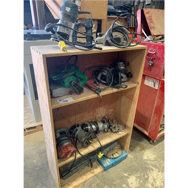 WOODEN STORAGE SHELF OF ASSORTED POWER TOOLS (APPROX. 2'W X 1'D X 4'H)