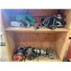 Image 3 : WOODEN STORAGE SHELF OF ASSORTED POWER TOOLS (APPROX. 2'W X 1'D X 4'H)