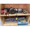 Image 4 : WOODEN STORAGE SHELF OF ASSORTED POWER TOOLS (APPROX. 2'W X 1'D X 4'H)