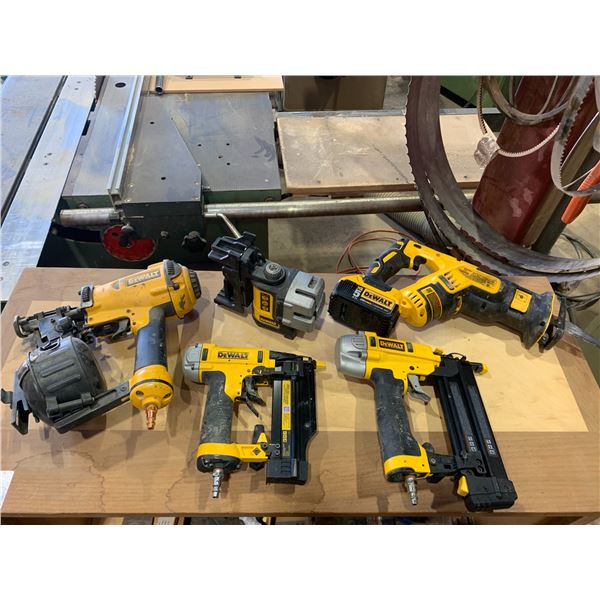 GROUP OF DEWALT POWER TOOLS; DWFP12231 NAILER, DCS367 RECIPROCATING SAW, DWFP2350 NAILER, DW089 LINE