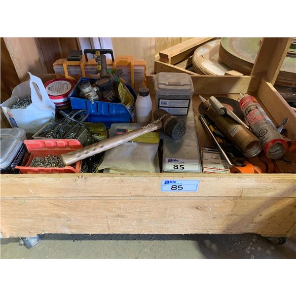 MOBILE WOODEN WORK BENCH (APPROX. 4'W X 3'D X 3'H) WITH ASSORTED HARDWARE