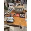 Image 2 : WOODEN WORK TABLE (APPROX. 6'W X 2'D X 2'H) WITH ASSORTED SHAPER CUTTERS & INSERTS, SAW BLADES,ETC