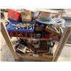 Image 2 : MOBILE WOODEN WORK BENCH (APPROX. 4'W X 2'D X 3.5'H) WITH ASSORTED HARDWARE & SANDING BELTS