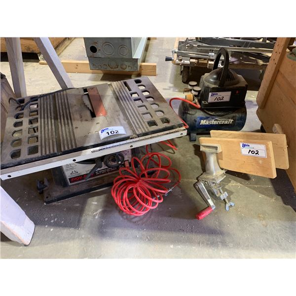 SKILSAW 10" TABLE SAW, MASTERCRAFT AIR COMPRESSOR, & ZYLISS INDUSTRIAL CLAMP