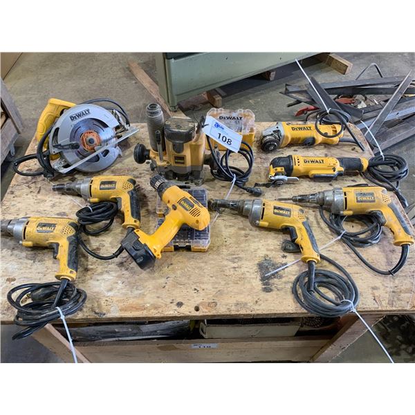 GROUP OF DEWALT POWER TOOL- DRILLS, ROUTERS, SAW, ETC