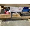 Image 2 : MOBILE WOODEN WORK BENCH (4.5'W) WITH A LARGE LOT OF BITS & ELECTRICAL PIECES