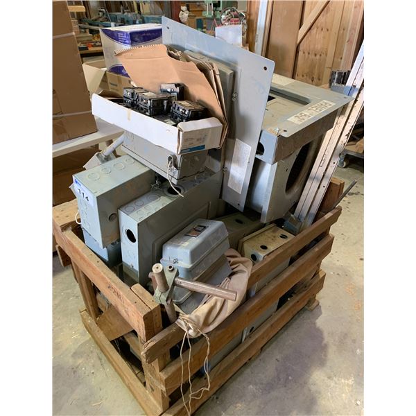 WOODEN CRATE FILLED WITH ELECTRICAL BREAKERS & BREAKER BOXES