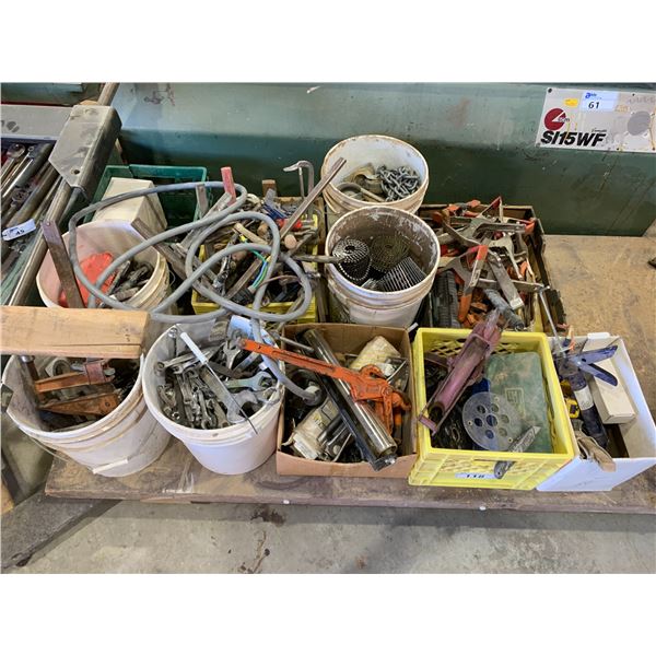 LOT OF ASSORTED BUCKETS/ BOXES OF ASSORTED HARDWARE & SMALL HAND TOOLS