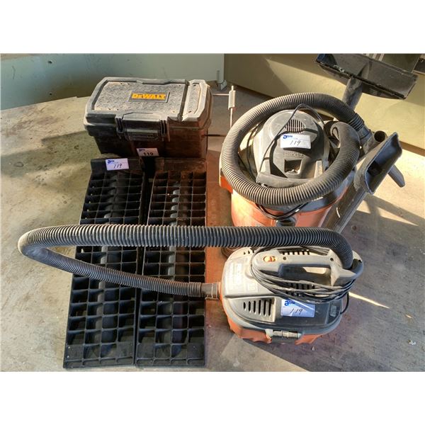 2 RIDGID SHOP VACUUMS, DEWALT MOBILE STORAGE BOX, & A PAIR OF CAR RAMPS