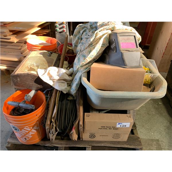 PALLET OF ASSORTED HARDWARE, ELECTRICAL ITEMS, & A 4 WHEEL WHEELBARROW