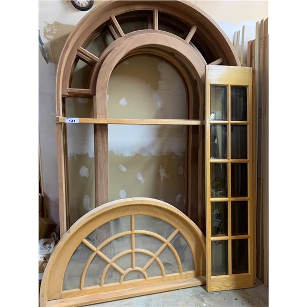 3 ARCHED SOLID WOOD DOOR FRAMES (APPOX. 66'W X 100") & SMALL ARCHED WINDOW FRAMES