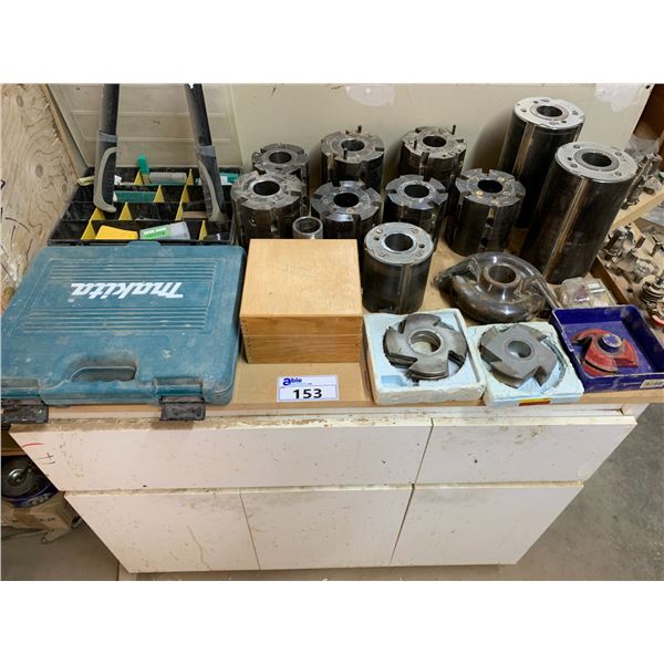 LARGE GROUP OF SHAPER/PLANER CUTTERS, DOOR ACCESSORIES, MAKITA PLANER, & 2 WOODEN STORAGE