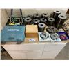 Image 1 : LARGE GROUP OF SHAPER/PLANER CUTTERS, DOOR ACCESSORIES, MAKITA PLANER, & 2 WOODEN STORAGE
