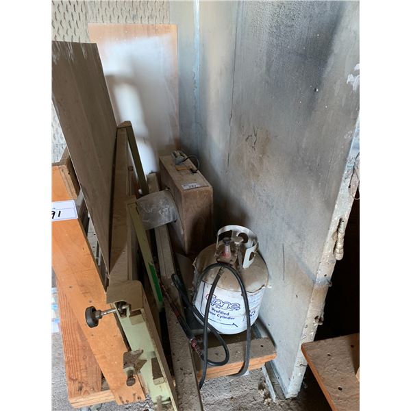 GROUP OF MISCELLANEOUS ITEMS-PROPANE TORCH, BOX OF JOIST HANGERS, ROLLING MATERIAL CART, ETC