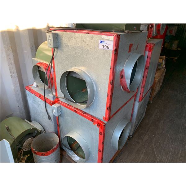 LARGE GROUP OF BLOWER FANS, GROW LIGHTS, BLUE BARREL AND MISCELLANEOUS ITEMS