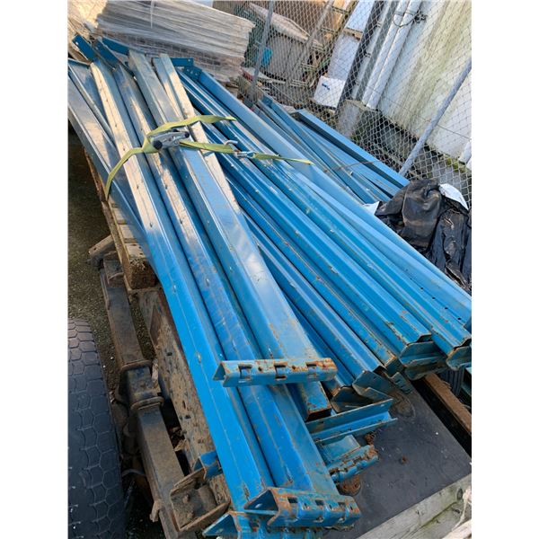 GROUP OF BLUE & ORANGE PALLET RACKING SIDE RAILS AND STACK OF MESH DECK-APPROX.50 PCS.