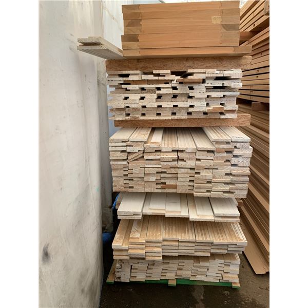 PALLET OF ASSORTED WOODEN DOOR STOCK MATERIAL - HARDWOOD DOORS AND HEADER JAM