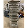 Image 1 : 20 SECTION COMMERCIAL ALUMINUM MOBILE BAKERS RACK WITH 20 BAKING SHEETS & ASSORTED FAUX STAGE GLASS